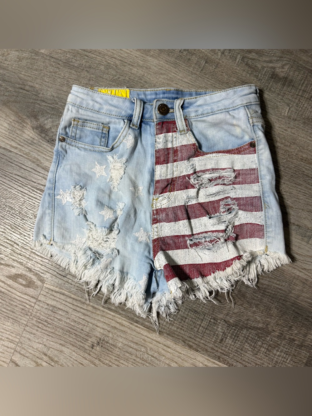 Machine Light Blue Denim Shorts with Red & White Flag Panel